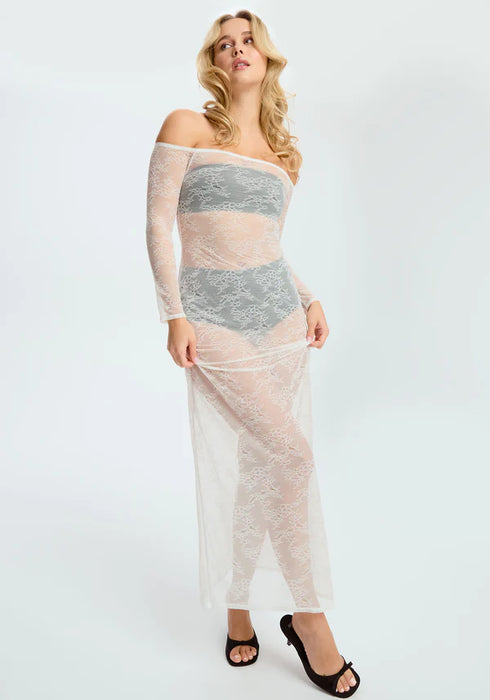 Sheer Lace Off-Shoulded Maxi Dress Blush Cascade White