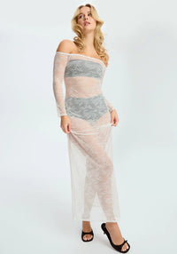Blush Cascade White Sheer Lace Off-Shoulded Maxi Dress