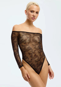 Blush Cascade Black Sheer Lace Off-the-Shoulder Bodysuit