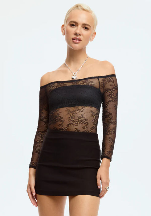 Sheer Lace Off-the-Shoulder Bodysuit Blush Cascade Black