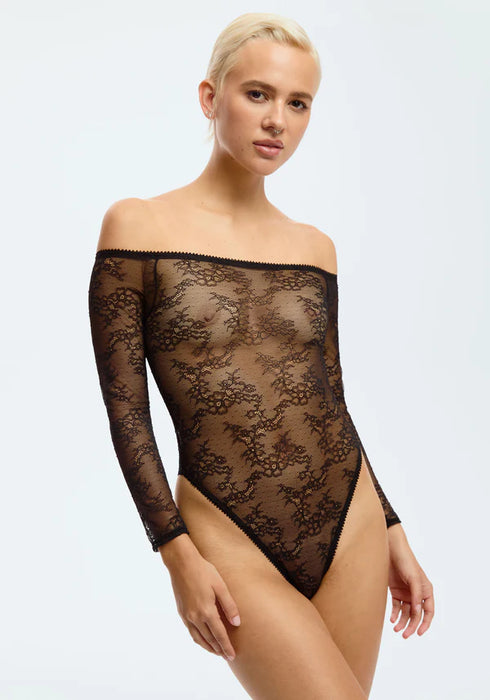 Sheer Lace Off-the-Shoulder Bodysuit Blush Cascade Black