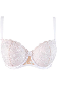 Close-up product shot of Axami Enigma White Sheer Mesh Balconette Bra with floral embroidery and satin bow, ideal for bridal lingerie.