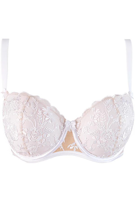 Close-up product shot of Axami Enigma White Sheer Mesh Balconette Bra with floral embroidery and satin bow, ideal for bridal lingerie.