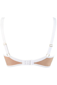 Back product view of Axami Enigma White Sheer Mesh Balconette Bra showing adjustable straps and hook-and-eye closure in sheer tulle.