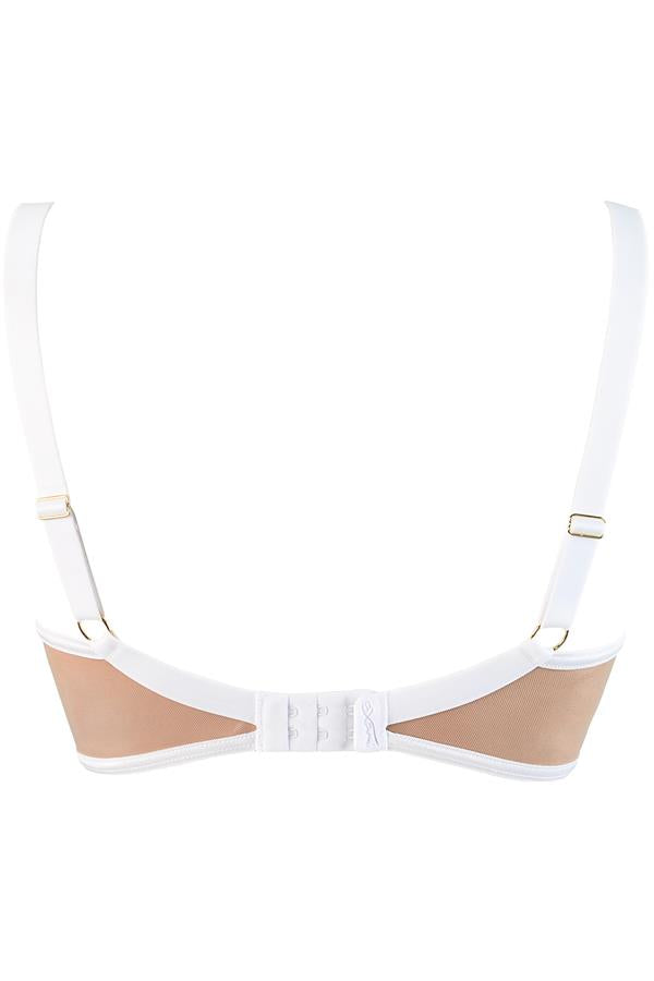 Back product view of Axami Enigma White Sheer Mesh Balconette Bra showing adjustable straps and hook-and-eye closure in sheer tulle.