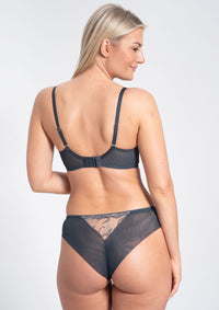 Back view of Sheer Mesh Balconette Bra Samanta Eliza in gray, featuring adjustable straps and breathable mesh for sexy comfort. Ideal for full figure support.