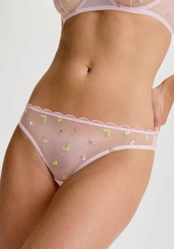 Sheer mesh low-rise bikini panty in soft pink with floral embroidery and scalloped trim, part of Roseline lingerie collection.