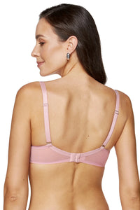 Back view of Sheer Mesh Floral Embroidered Bra Bloom Pink by Gorteks, featuring adjustable straps and hook-and-eye closure for a secure fit.