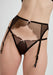 Sheer Scallop Garter Belt Blush Lulu in black mesh with pink scalloped trim, featuring flirty bows and adjustable straps for a seductive lingerie look.