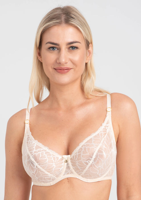 Front view of Mesh Balconette Bra Samanta Fiorella in sponge cake shade with sheer lace and underwire support, ideal for elegant lingerie styling.