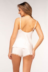 Soft Satin Camisole & Shorts Set Rosali Ecru @ Lavinia Lingerie shown from the back. Features ivory satin fabric with lace-trimmed shorts for elegant sleepwear.