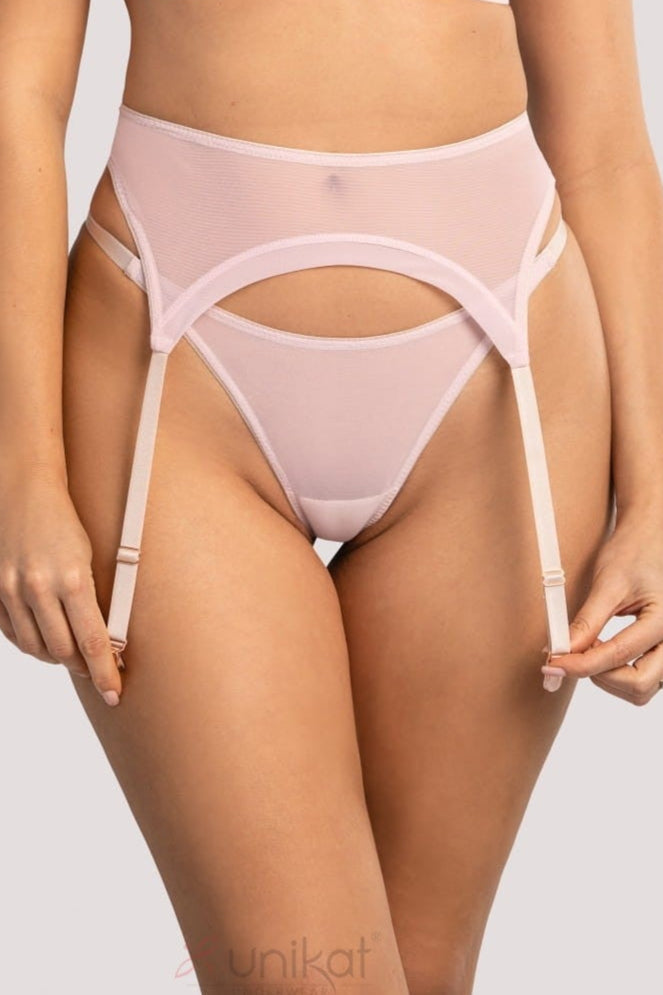 Soft Garter Belt Unikat Mia Pink with sheer mesh design and adjustable straps, ideal for pairing with stockings. Shop @ Lavinia Lingerie.