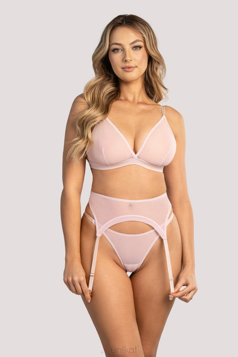 Soft Garter Belt Unikat Mia Pink styled with matching bra and thong, offering a chic and coordinated lingerie set. Shop @ Lavinia Lingerie.