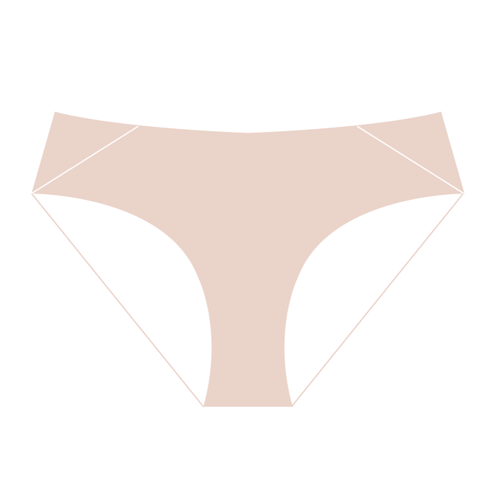 Illustration of bikini panty shape highlighting mid-waist cut and side lace panel design from the Soft Lace Bikini Panty collection.
