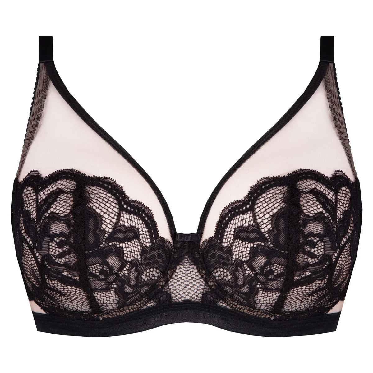 Sheer Mesh Lace Plunge Underwire Bra Beige Black