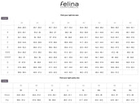 Felina Conturelle size chart for bras and panties, including measurements for XS to XXL and cup sizes B to J for accurate lingerie fit.