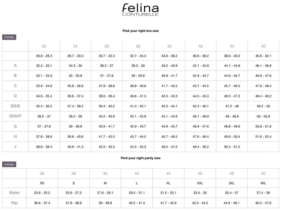 Felina Conturelle size chart for bras and panties, including measurements for XS to XXL and cup sizes B to J for accurate lingerie fit.