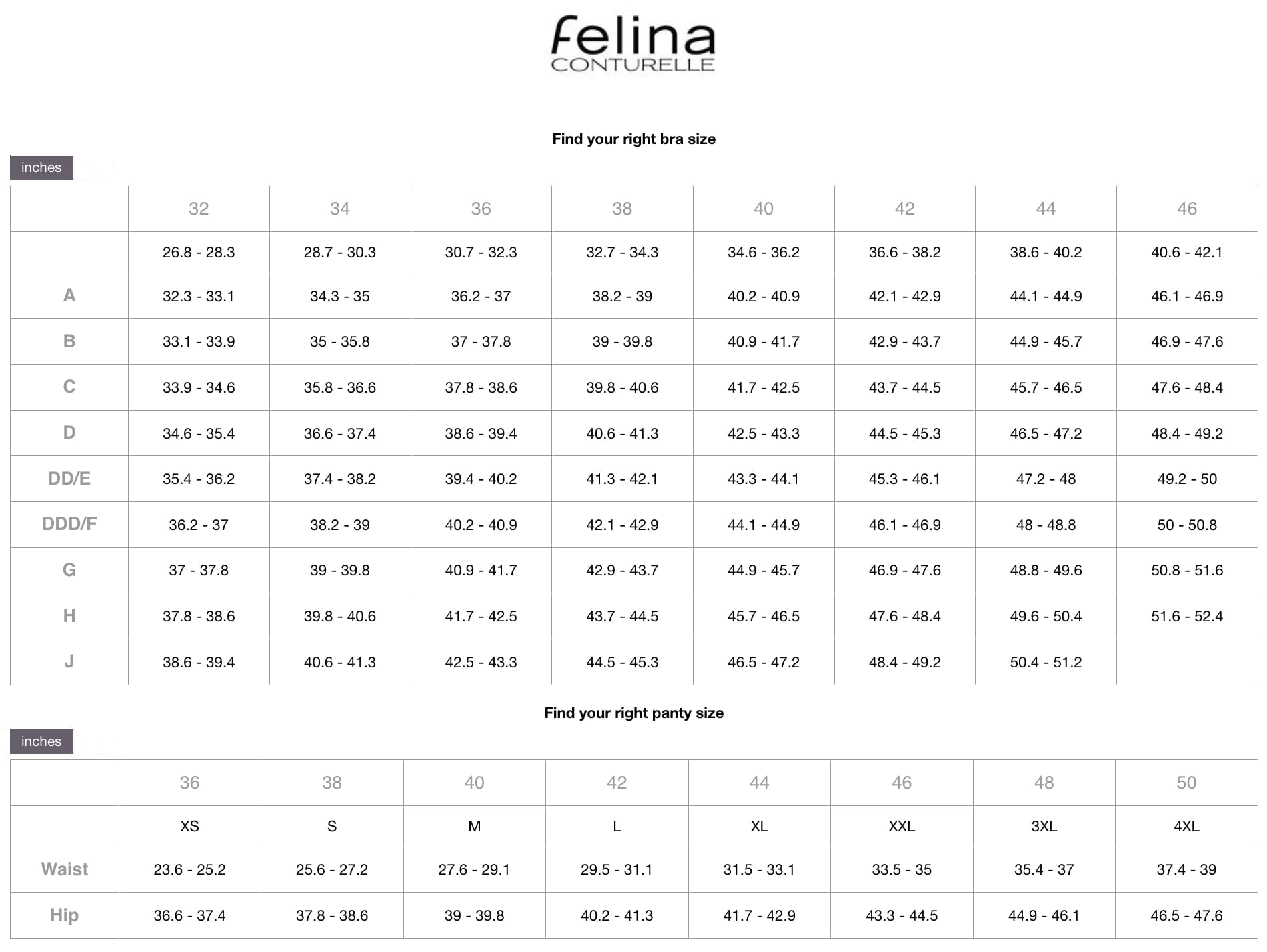 Felina Conturelle size chart for bras and panties, including measurements for XS to XXL and cup sizes B to J for accurate lingerie fit.