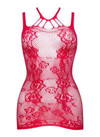 Red sheer fishnet mini dress with floral lace pattern