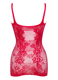 Red lace fishnet mini dress with floral pattern