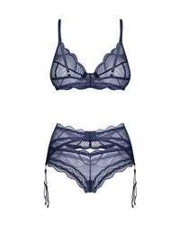 Obsessive Nightly Blue Sheer Bra Thong Garter Belt Set