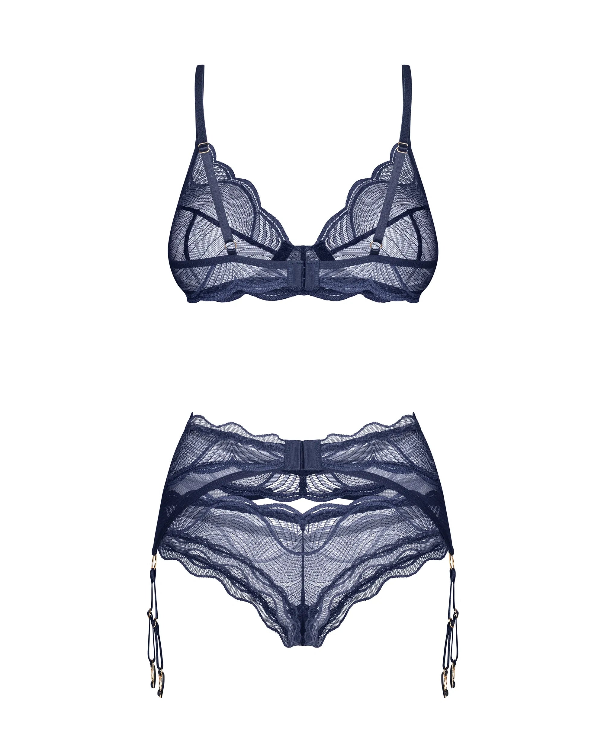Obsessive Nightly Blue Sheer Bra Thong Garter Belt Set