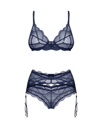 Obsessive Nightly Blue Sheer Bra Thong Garter Belt Set