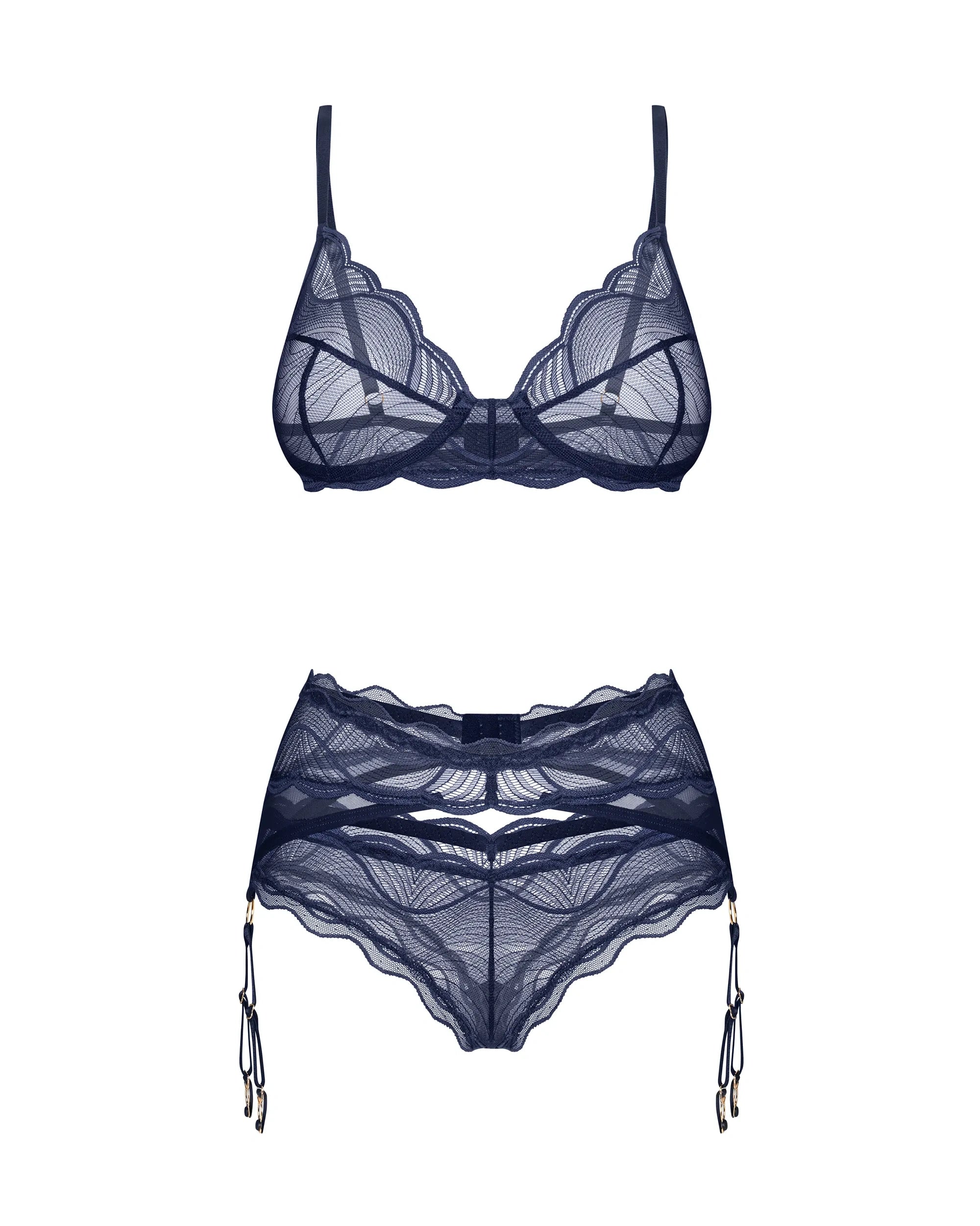 Obsessive Nightly Blue Sheer Bra Thong Garter Belt Set