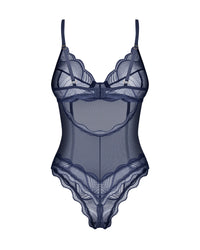 Close-up of navy blue lace bra with intricate embroidery and underwire support, on a white background.