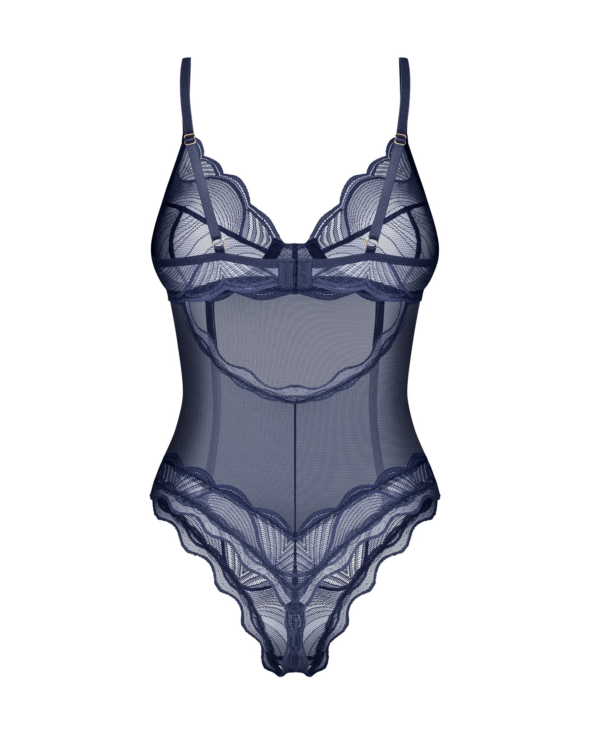 Close-up of navy blue lace bra with intricate embroidery and underwire support, on a white background.