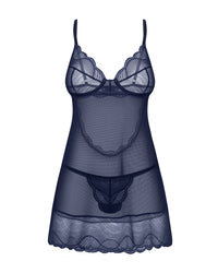 Obsessive Nightly Blue Sheer Mesh Chemise Thong Set