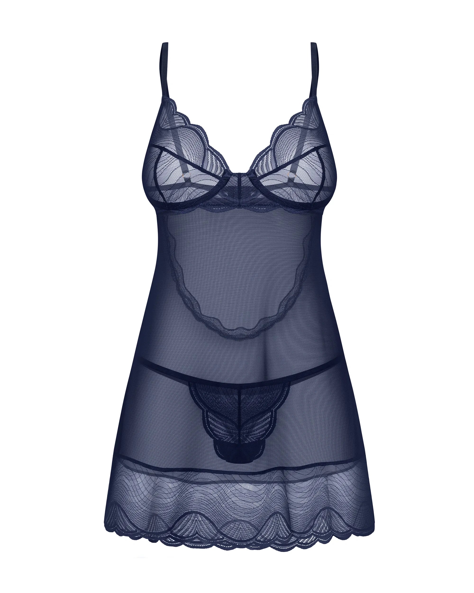 Obsessive Nightly Blue Sheer Mesh Chemise Thong Set