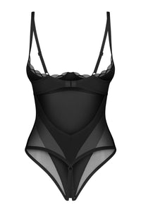 Back product view of Crotchless Cupless Teddy Stelisa Black with open crotch, sheer mesh panels, and scalloped trim for ultra sexy appeal.