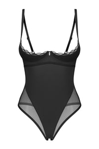Front view of Crotchless Cupless Teddy Stelisa Black with elegant mesh detailing and open cup design, ideal for mature erotic lingerie collections.