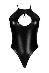 Glossy black wetlook bodysuit with a front cut-out, halter neckline, and gold ring detail.