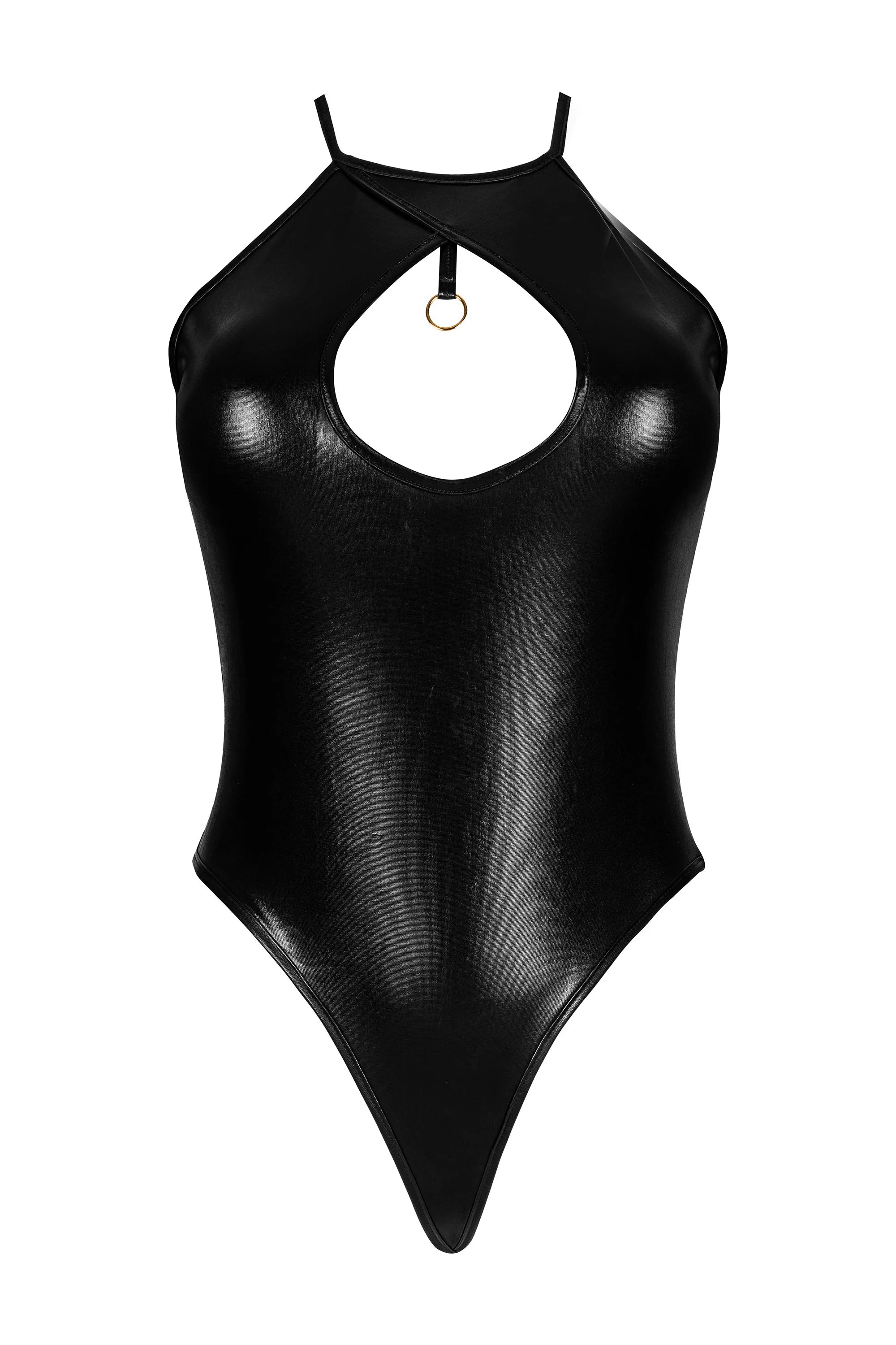Glossy black wetlook bodysuit with a front cut-out, halter neckline, and gold ring detail.