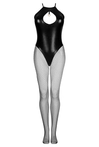 Glossy black wetlook bodysuit with a front cut-out and ring detail, paired with fishnet tights.