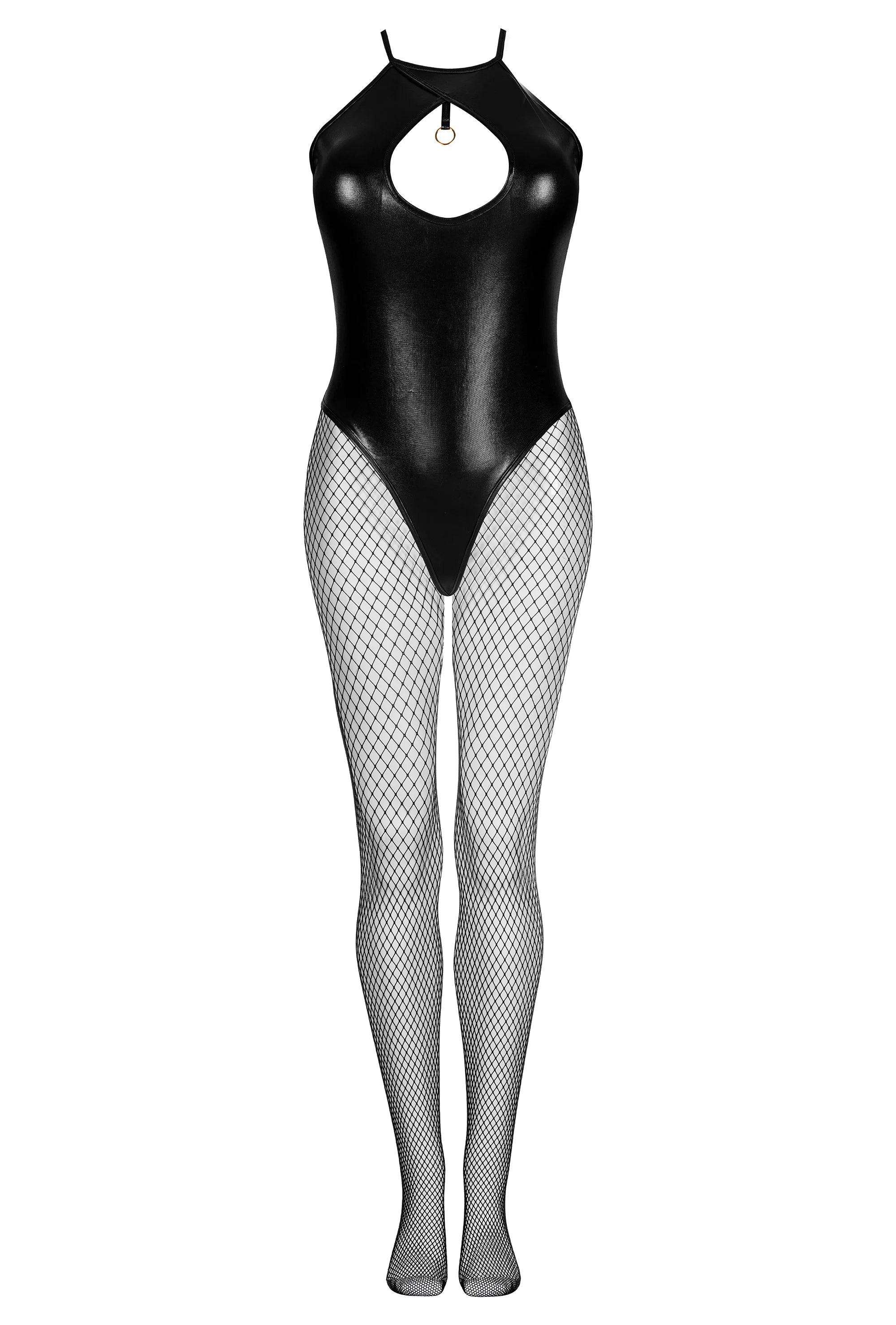 Glossy black wetlook bodysuit with a front cut-out and ring detail, paired with fishnet tights.