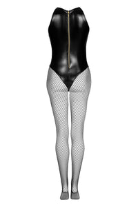 Rear view of a glossy black wetlook bodysuit with a full-length back zipper and fishnet tights.