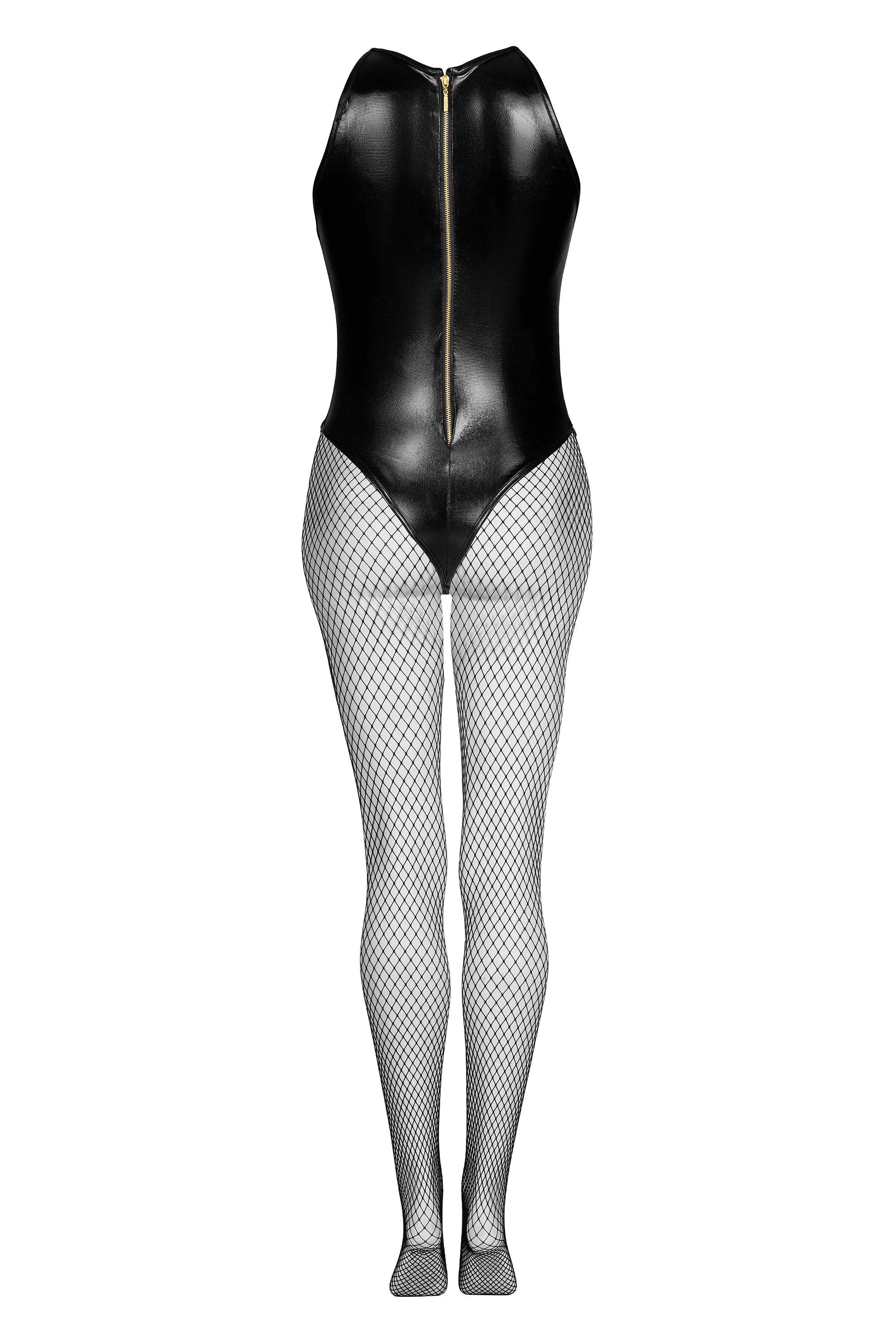 Rear view of a glossy black wetlook bodysuit with a full-length back zipper and fishnet tights.