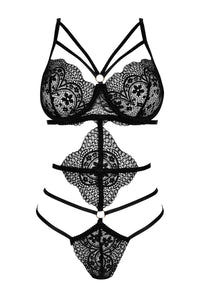 Black lace strappy teddy with floral patterns and a multi-strap design on a white background.