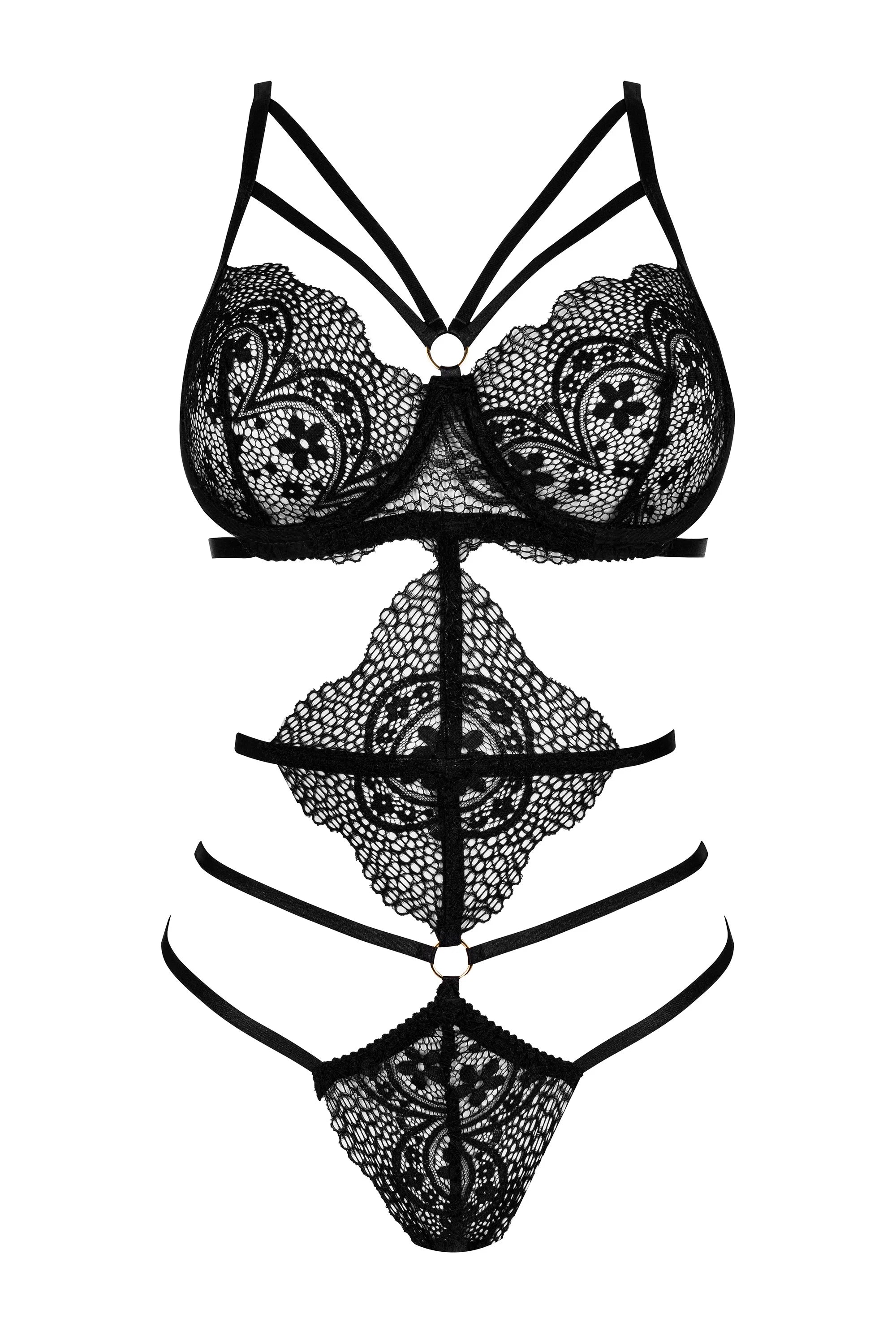 Black lace strappy teddy with floral patterns and a multi-strap design on a white background.