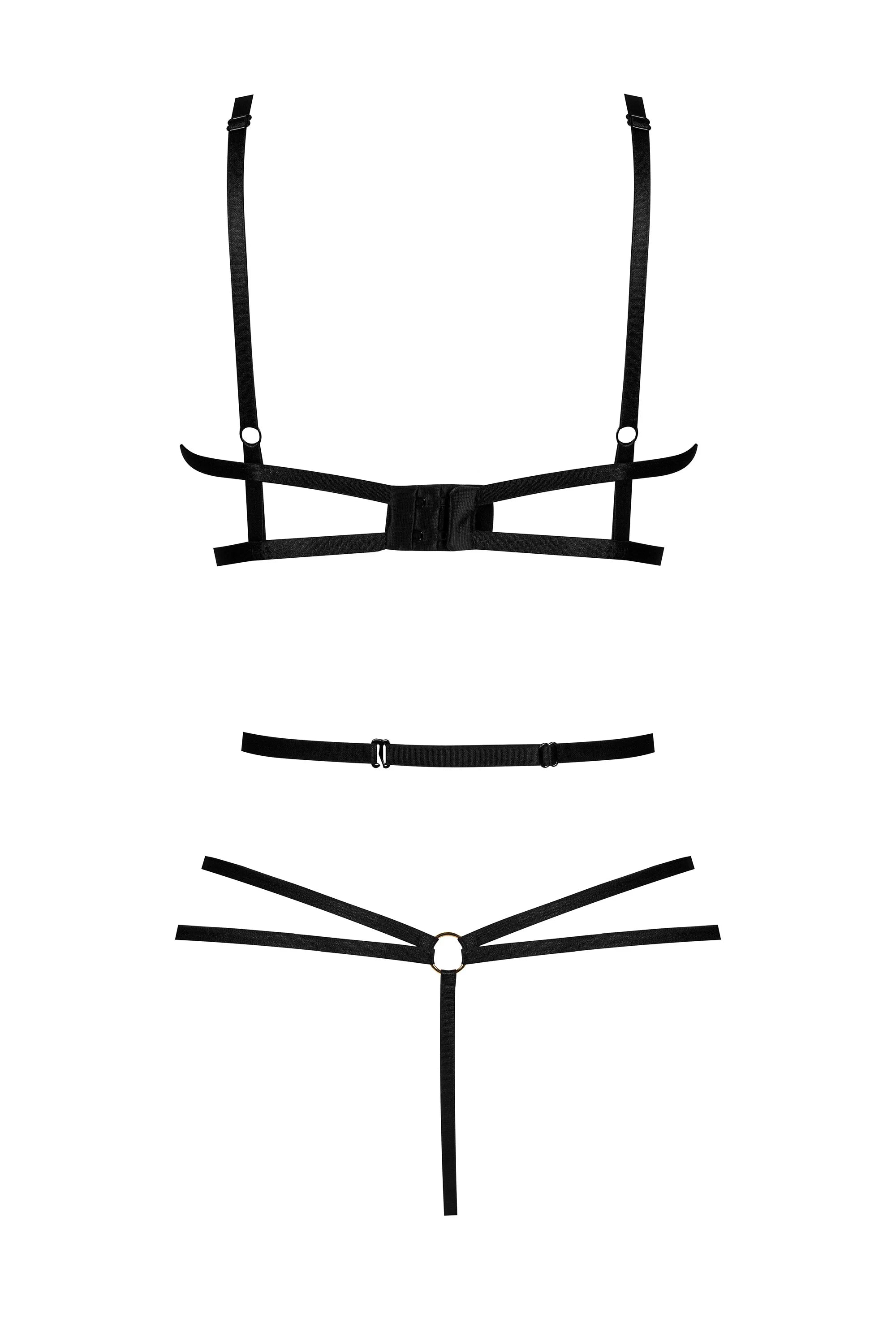 Rear view of a black strappy lingerie set with adjustable bands and a gold ring detail.