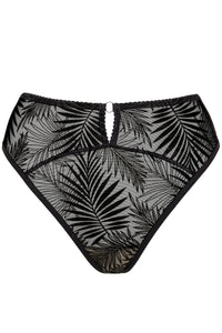 Flat lay of Gorteks Mare Sheer Mesh Brazilian Thong Panty in black, featuring a keyhole cutout and tropical embroidery.