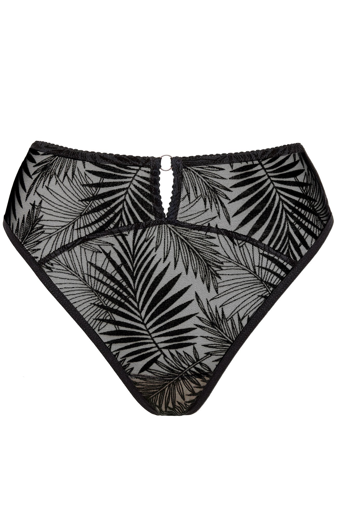 Flat lay of Gorteks Mare Sheer Mesh Brazilian Thong Panty in black, featuring a keyhole cutout and tropical embroidery.