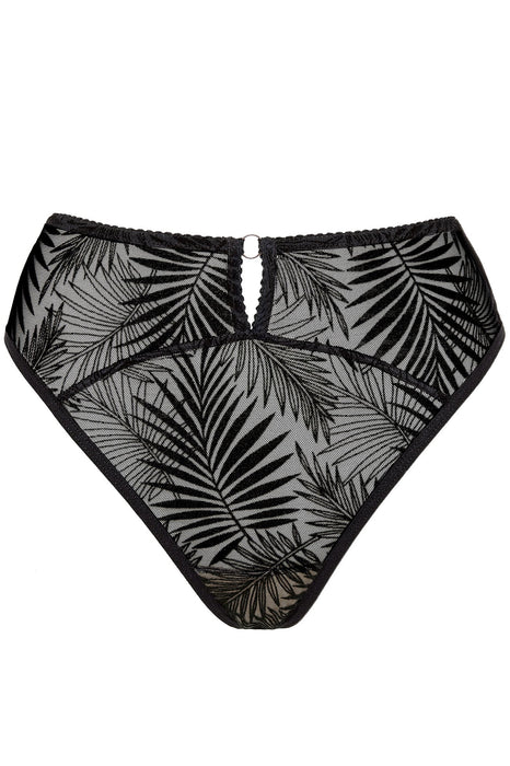 Flat lay of Gorteks Mare Sheer Mesh Brazilian Thong Panty in black, featuring a keyhole cutout and tropical embroidery.