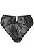 Flat lay of Gorteks Mare Sheer Mesh Brazilian Thong Panty in black, featuring a keyhole cutout and tropical embroidery.