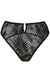 Flat lay of Gorteks Mare Sheer Mesh Brazilian Thong Panty in black, featuring a keyhole cutout and tropical embroidery.
