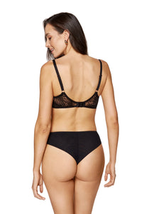 Model wearing Gorteks Mare Brazilian Thong Panty and matching bra from the back, showcasing sheer mesh and thong cut.