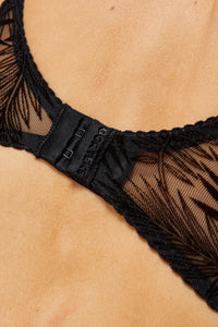 Close-up of Sheer Mesh Plunge Bra Gorteks Mare in black with palm embroidery and hook-and-eye closure, part of Lavinia Lingerie collection.